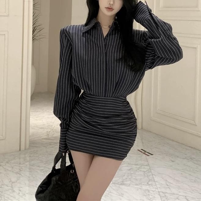 네이비 스트라이프 블라우스 카라 셔츠 원피스 미니 슬림 가을 원피스