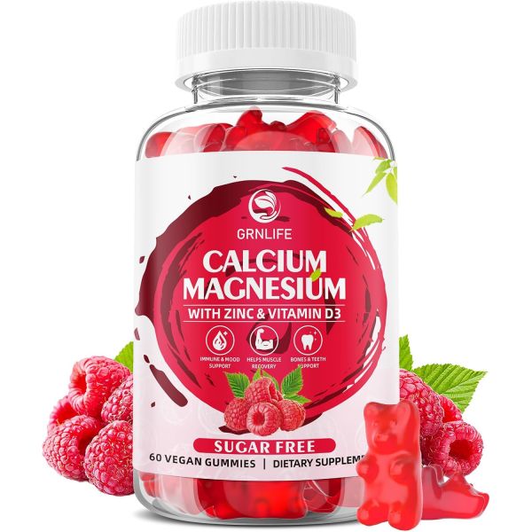 칼슘 마그네슘 아연 구미 비타민D3 무설탕 여성 남성용 고 뼈 <b>근육</b> 면역 건강에 좋은 파인애플 맛 Grn라이프  라즈베리  60개 (1팩)