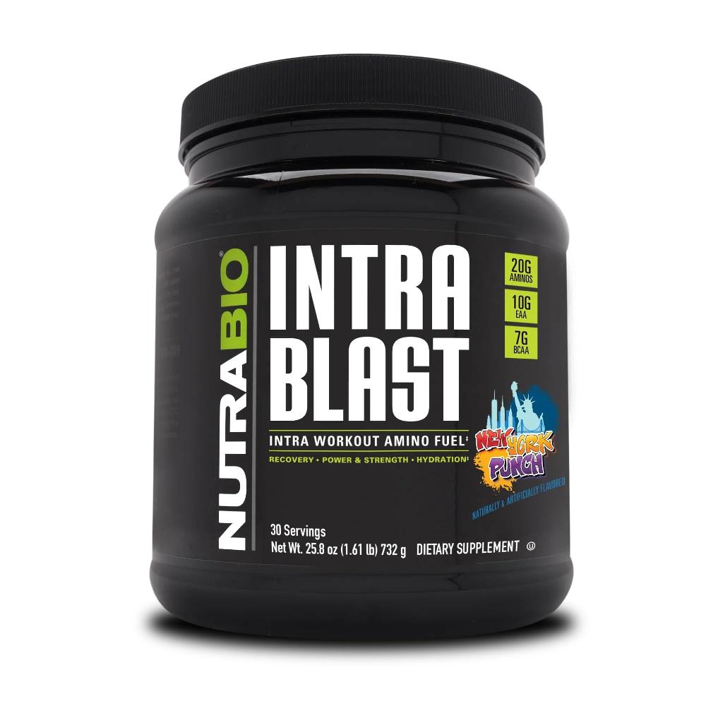NutraBio Intra Blast Bcaa 분말 <b>아미노산</b> 보충제 전해질 수분 <b>혼합물</b> 인트라 운동 전 근육 회복 20g Eaa 글루타민 5g-드래곤프루트 30회 제공량  뉴욕 펀