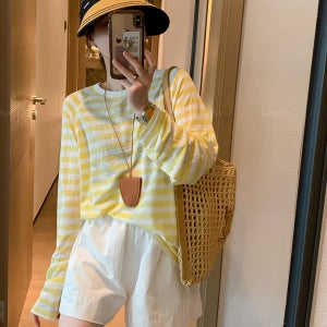 Cwadun 여성용 루즈핏 패셔너블 만능 반팔  노란색과 흰색 줄무늬  프리 사이즈