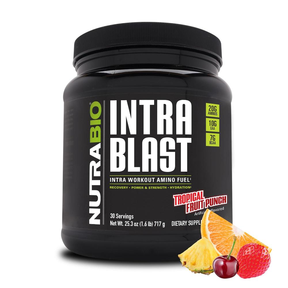 NutraBio Intra Blast Bcaa 분말 <b>아미노산</b> 보충제 전해질 수분 <b>혼합물</b> 인트라 운동 전 근육 회복 20g Eaa 글루타민 5g-드래곤프루트 30회 제공량  열대 과