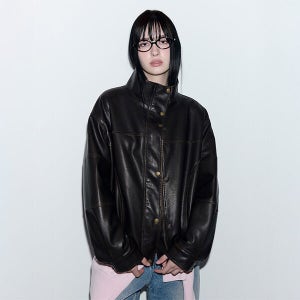 [로라로라] FUR COLLAR LEATHER JUMPER BROWN