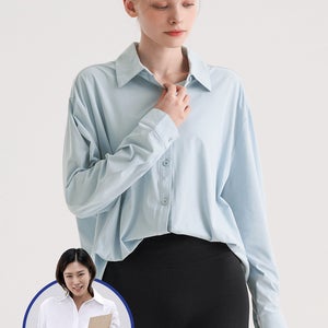 셔츠블라우스 에코텍 여자블라우스 오버핏 셔츠 파우더블루 출근룩