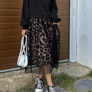 플러스 사이즈, 캐주얼 라운드넥 긴팔 프린트 메쉬 패널 밑단 루즈핏 미디엄 길이 투피스 모크 드레스