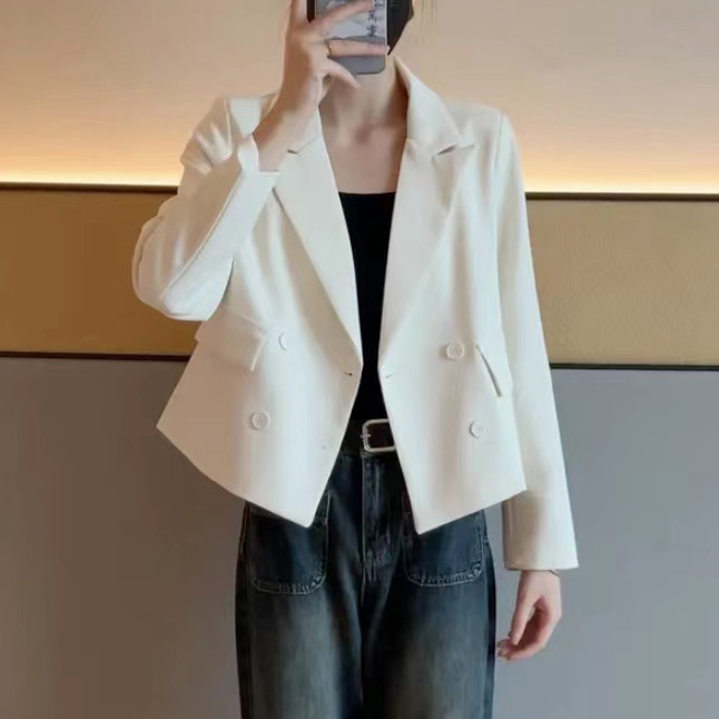 여성용 데일리 베이직 캐주얼 긴팔 숏 더블버튼 정장 자켓 베이지화이트 M