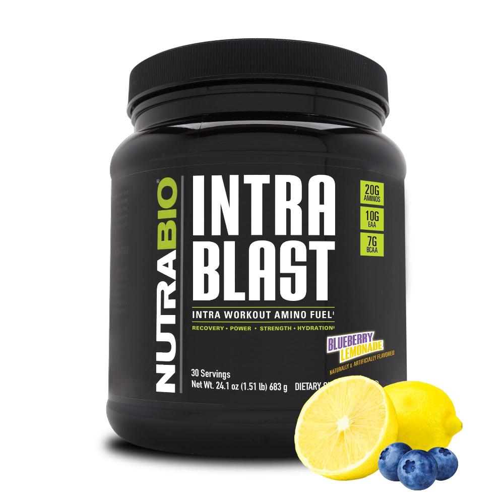 NutraBio Intra Blast Bcaa 분말 <b>아미노산</b> 보충제 전해질 수분 <b>혼합물</b> 인트라 운동 전 근육 회복 20g Eaa 글루타민 5g-드래곤프루트 30회 제공량  블루 베