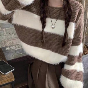 여성 캐주얼 래글란 스트라이프 루즈 컬러블록 니트 스웨터, 긴팔 탑