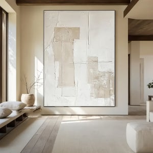수작업 모던 추상 유화 - 브라운 & 화이트 텍스처 캔버스 무테 벽걸이, 기하학 디자인 거실·침실·현관 장식, 세련된 감성의 예술 작품, 고품질 인테리어 소품, 홈 , 고급 공예,