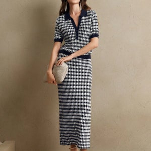 우아한 현대 폴로 카라 듀얼 컬러 자카드 니트 반팔 미디 A라인 스커트 세트, 발렌타인데이, 새해, 봄/여름 의상, 데이트 밤, 여성을 위한 정숙한 의류