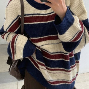 라운드 넥 루즈 핏 드롭 숄더 스트라이프 스웨터, 가을 늦은 시즌 캐주얼 긴팔 루즈 멀티컬러 드롭 숄더 풀오버 여성 스웨터