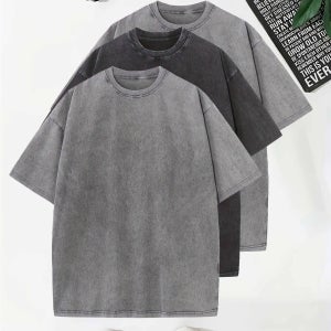 3개 세트 헤비웨이트 240gsm 100% 오버사이즈 티셔츠 - 그레이// 디스트레스드 워시드 빈티지 룩, 라운드 넥 반팔 캐주얼 의상, 레이어링 베이직 티, 드롭 숄더 디자인의