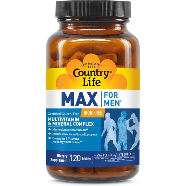 <b>컨트리 라이프</b> 맥스 포 맨 멀티비타민 무아이언 <b>소팔메토</b> 라이코펜 에너지 남성 건강 지원 120 용 정제