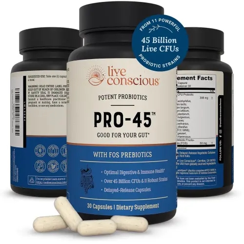 <b>Live Conscious</b> PRO45 프로바이오틱스 45억 CFU 11균주 ？ <b>장</b> 및 건강을 위한 프리바이오틱스 포함