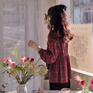 [LABEL] 글랜스 미니물결넥 기모체크 세련미 블라우스 [size:F(55~66)]