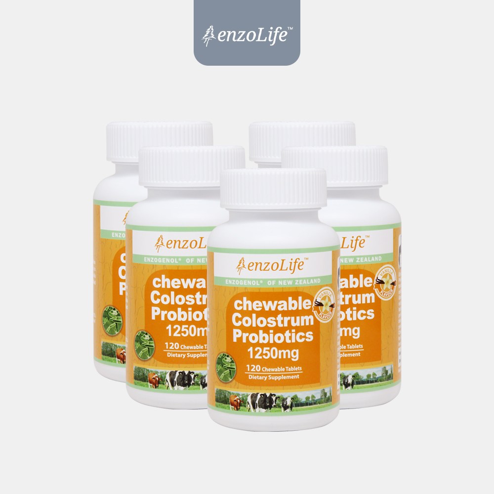 <b>엔조라이프</b> 씹어먹는 초유 프로바이오틱스 1250mg - Vanilla 120ct 5개 세트