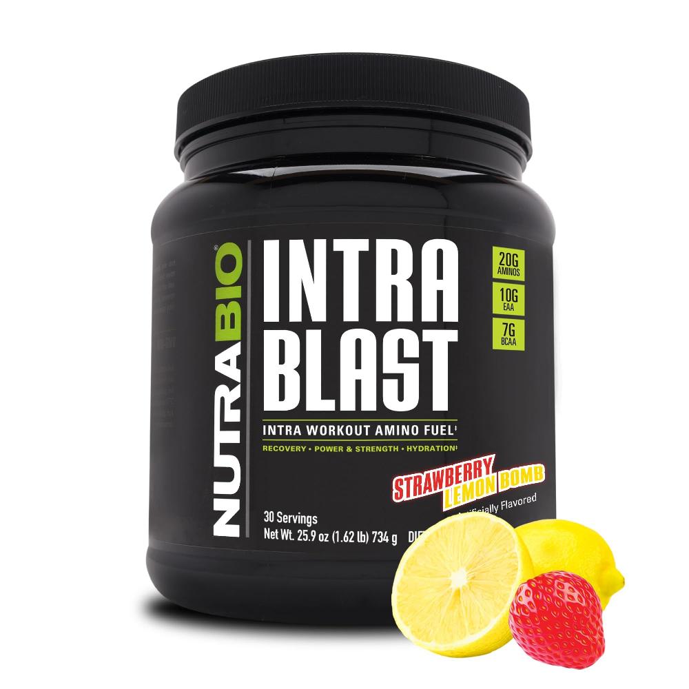 NutraBio Intra Blast Bcaa 분말 <b>아미노산</b> 보충제 전해질 수분 <b>혼합물</b> 인트라 운동 전 근육 회복 20g Eaa 글루타민 5g-드래곤프루트 30회 제공량  딸기 레