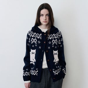 [로라로라] CAT JACQUARD HOODIE CARDIGAN NAVY