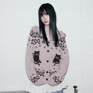 [로라로라] CAT JACQUARD HOODIE CARDIGAN PINK