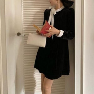미니원피스 데이트룩 러블리 하객룩 배색 리본벨벳