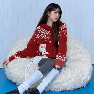 [로라로라] CAT JACQUARD HOODIE CARDIGAN RED