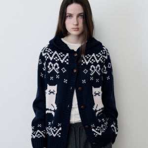 [로라로라] CAT JACQUARD HOODIE CARDIGAN NAVY 5009091701