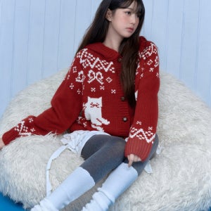 [로라로라] CAT JACQUARD HOODIE CARDIGAN RED 5009091700