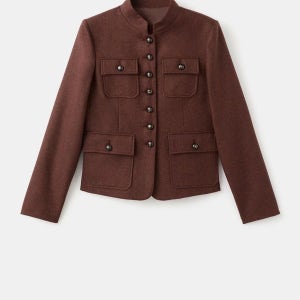 망고 클래식 울 블렌드 스탠드카라 포켓 버튼 숏 재킷 17037912 MARRON TABACO