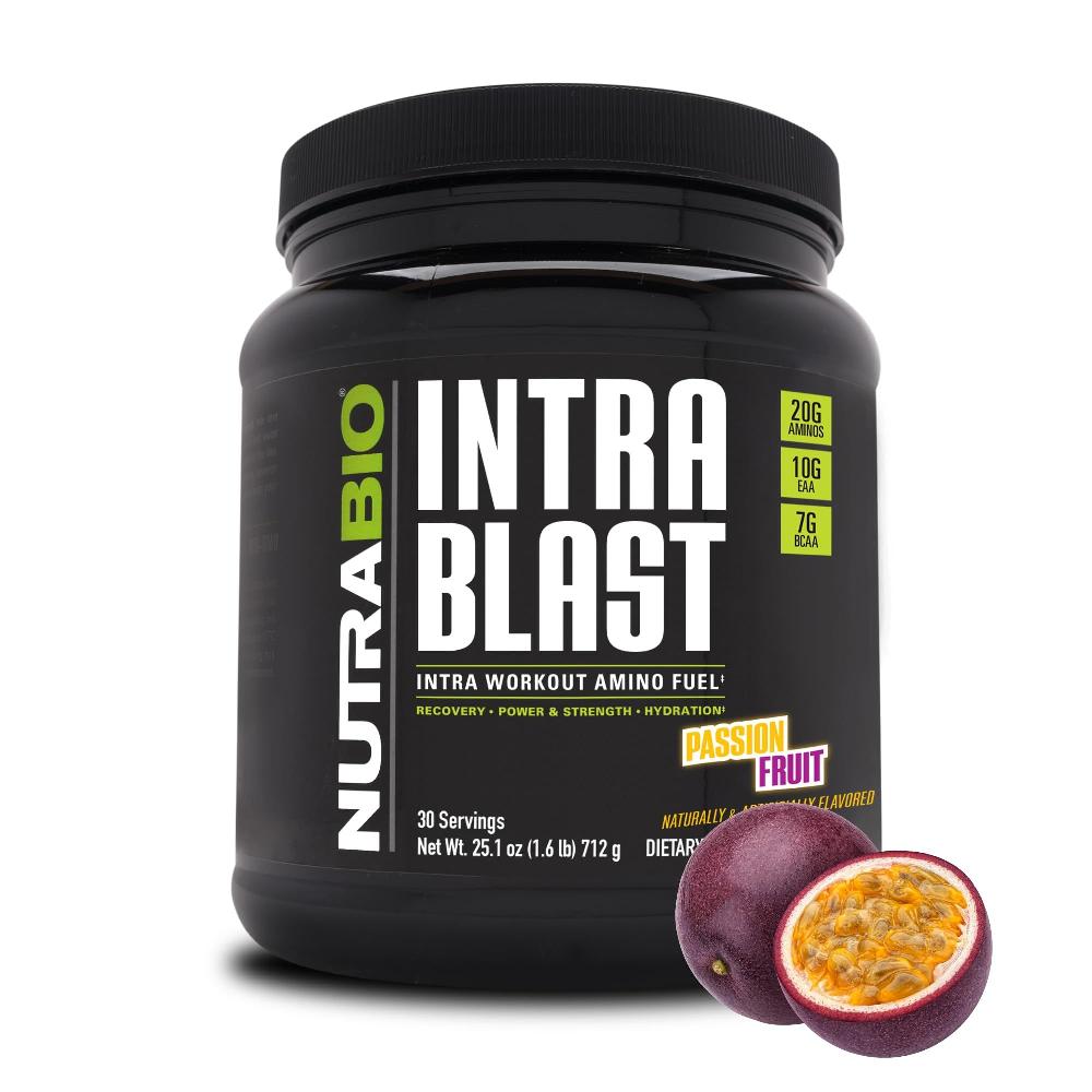 NutraBio Intra Blast Bcaa 분말 <b>아미노산</b> 보충제 전해질 수분 <b>혼합물</b> 인트라 운동 전 근육 회복 20g Eaa 글루타민 5g-드래곤프루트 30회 제공량  패션프루
