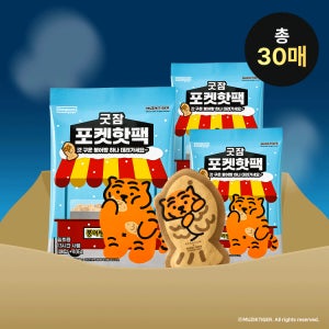 동국제약 굿잠 포켓핫팩 무직타이거 콜라보 총 30매 (10매입 × 3팩) / 휴대용 미니 핫팩 대용량 일회용 손난로 붕어빵 모양