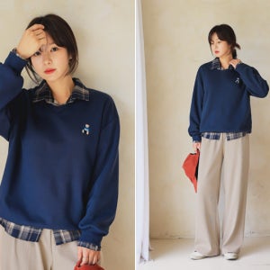 카푸 기모 베어자수 V넥 박스 맨투맨