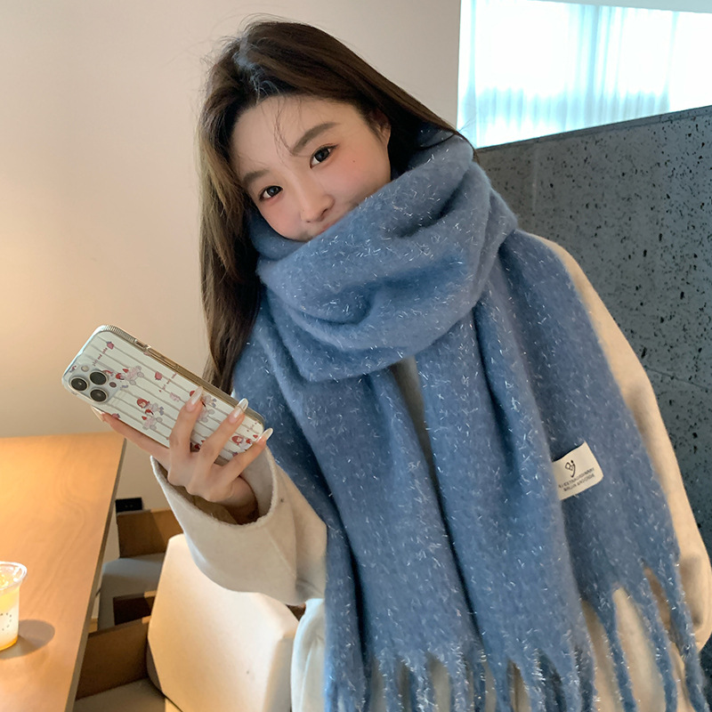 쁘띠꼬모 여성 포근한 모헤어블렌드 와이드 프린지 롱 니트 머플러 스카프 ZY038 40*220 블루