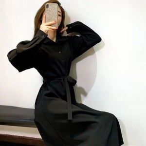 우먼심플한 올블랙 칼라 허리끈 셔츠칼라 맥시 모던 원피스룩 트위드원피스 쉬폰원피스