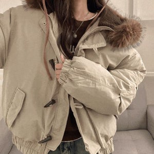 하프/숏패딩 [투웨이후드] 위니 떡볶이 오픈 퍼 후드 오버핏 패딩 점퍼