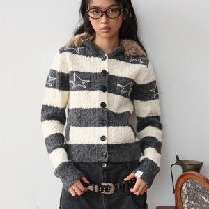 Star Pattern Striped Fur Hooded Cardigan