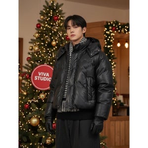 [비바스튜디오]  레더 숏 빅 푸퍼 덕다운 패딩 - BLACK