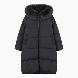 [베네통]2025 WINTER 포인트 폭스 퍼 후드 구스 롱 다운 BAPD59561BK