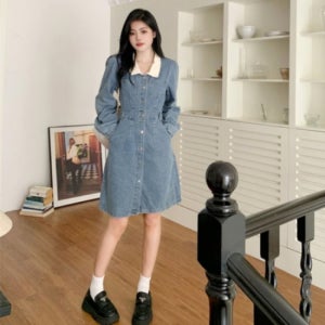 여자 콘트라스트 중간 환절기 진 카라 러블리룩 원피스