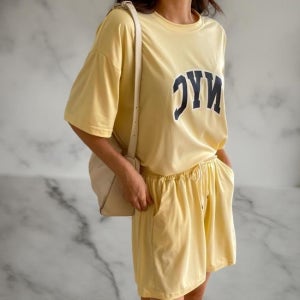 여성 캐주얼 면혼합 글자프린트 반팔 티셔츠 반바지 세트