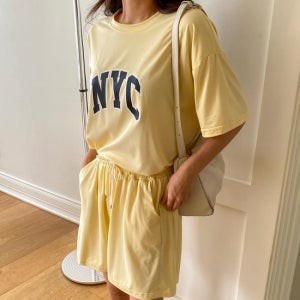 여성 캐주얼 면혼합 레터링 티셔츠 반바지 세트