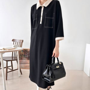 M7 여자 콘트라스트 팔부 큰사이즈 자수 롱원피스