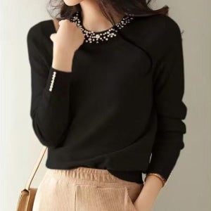 여성용 진주 심플라운드칼라 칼라 풀슬리브 봄철 가을철 울탑 상의 검정 여성니트