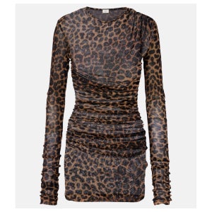 생로랑 레오파드 프린트 러치드 튤 미니드레스 TP566902453
