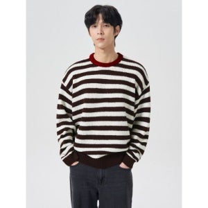 [에잇세컨즈] 링거 배색 스트라이프 니트 풀오버 브라운 (454Y51LQ3D) 남성