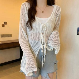 [하프클럽]모노무드 니트 가디건 펀칭 스트링 여성 패션 의류 비치가디건