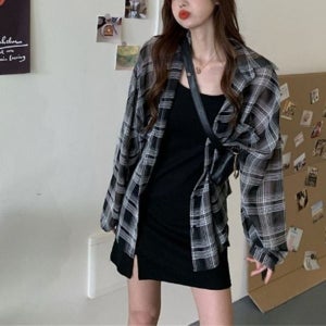 [하프클럽]모노무드 데일리 오버핏 루즈핏 체크셔츠 끈 미니원피스 세트