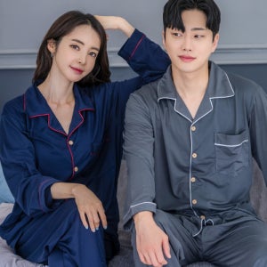 [에이원] [2PACK] 커플 기모 단색 카라 잠옷 세트 기모 단색 카라 2PACK