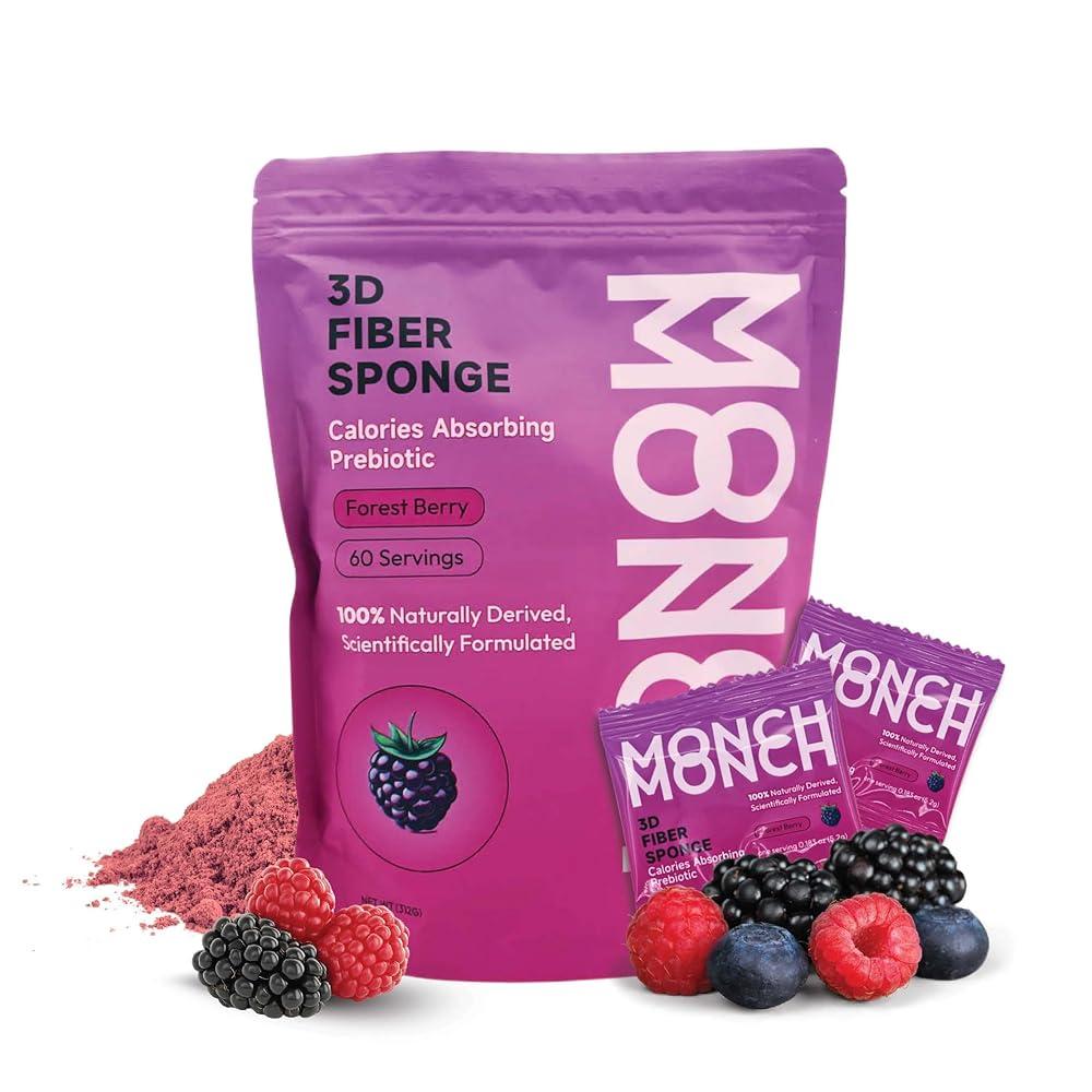 Monch 칼로리 흡수 섬유 스폰지 - 포레스트 베리 2주 분량 장 건강 및 혈당 지원을 위한 곤약 껌 <b>프리</b>바이오틱 보충제 비건 무설탕 입  One Month Supply