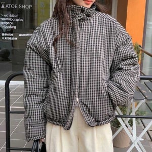 [하프클럽]모노무드 뽀글이 체크 하이넥 리버시블 패딩 양면 점퍼 아우터