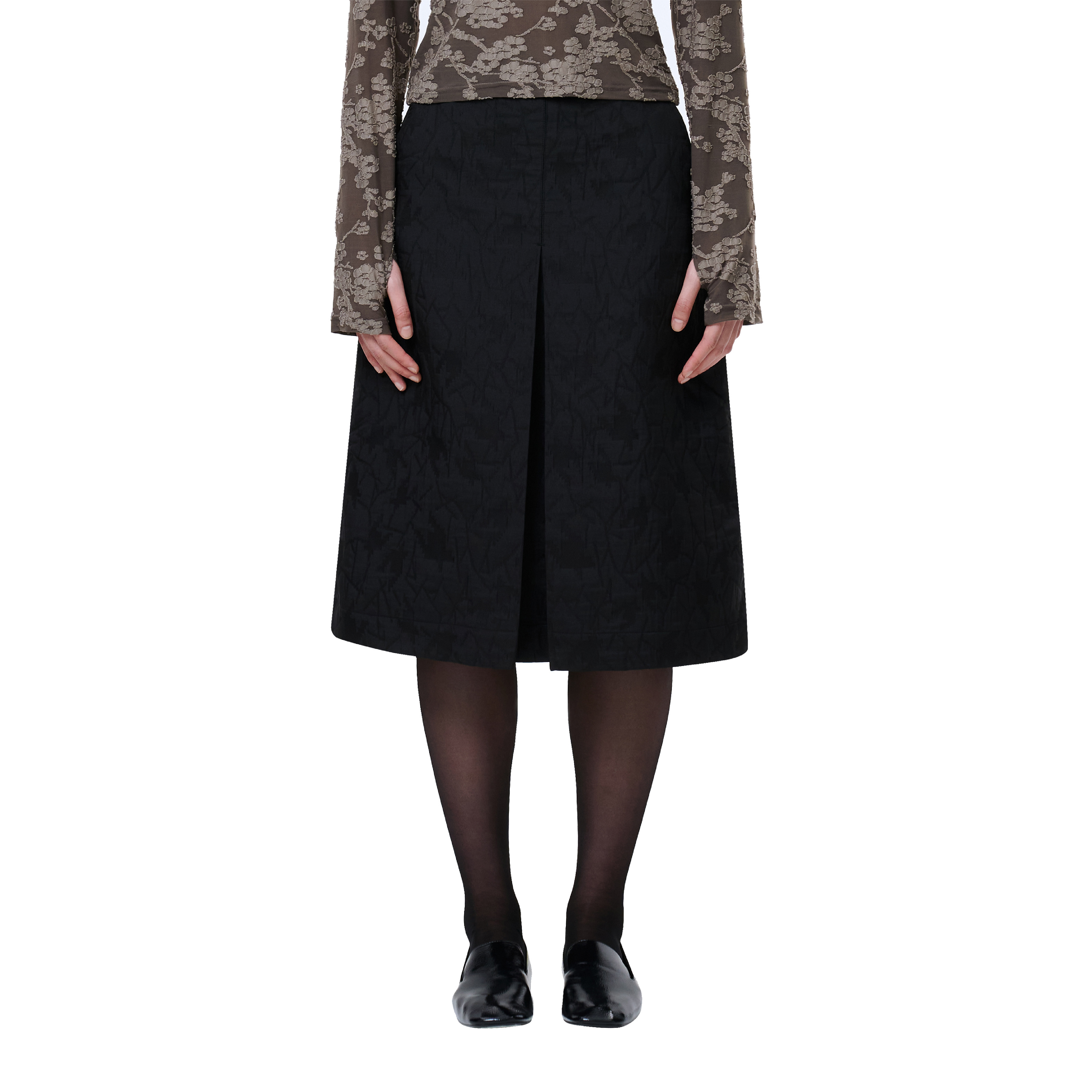 [포코포스카] FRONT TUCK MIDI SKIRT (BLACK)