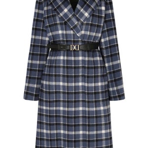 브이넥 칼라 울 체크 코트-DCJHD4933W